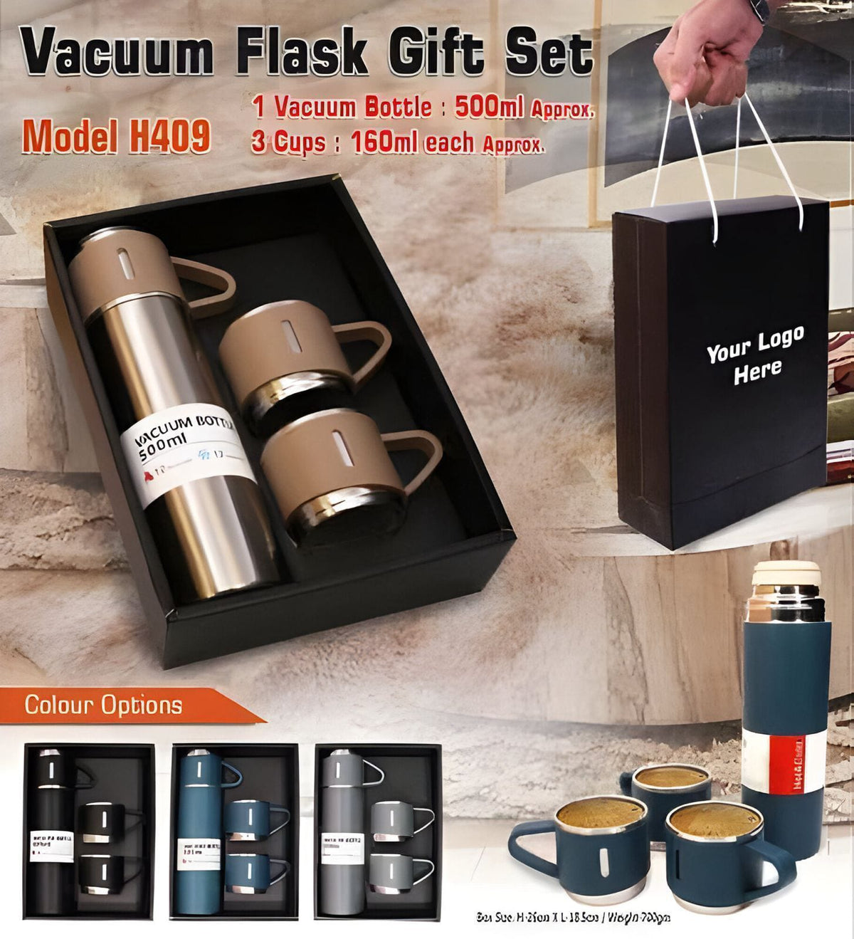 Vacuum Flask Gift Set Model H409 – 500ml bottle with 3 stainless steel cups in gift box
