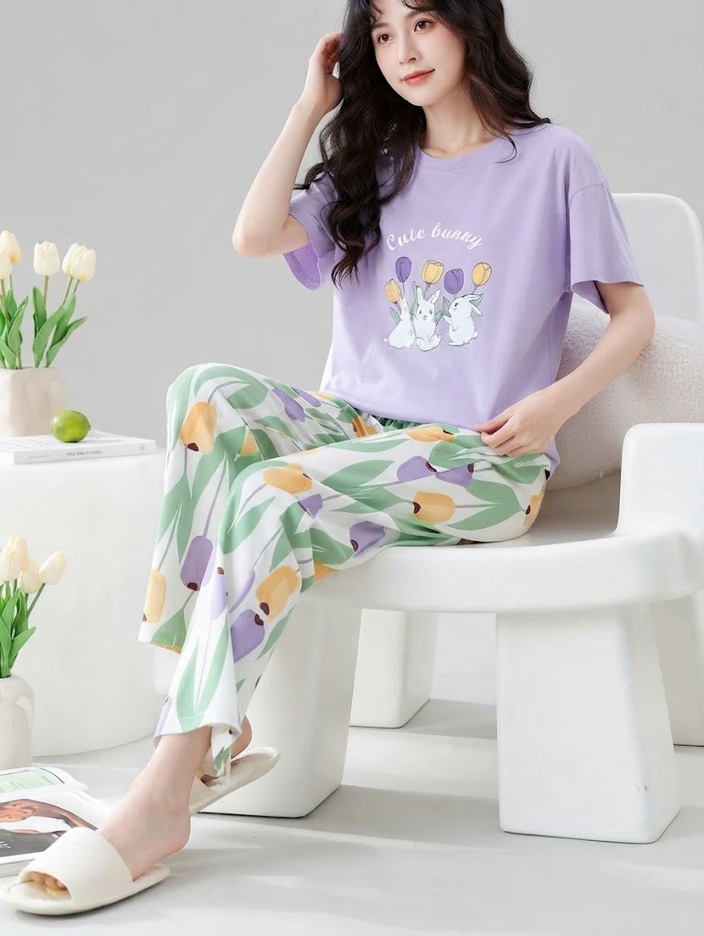 Cute Bunny Tulip Pyjama Co-ord Set | Lavender | Women's Lounge Set