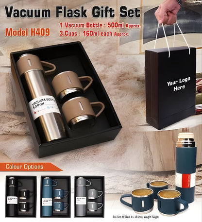 Vacuum Flask Gift Set – Model H409 (1 Bottle + 3 Cups)