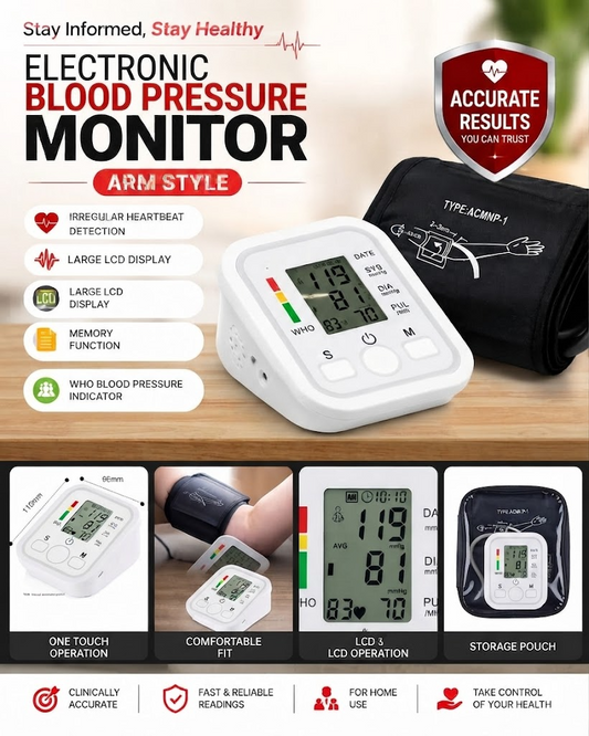 Electronic Arm Blood Pressure Monitor | Large LCD | WHO Indicator | Home Use