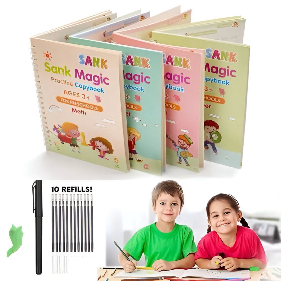 Sank Magic Practice Copybook Set for Kids | 4 Books + 10 Refill Magic Pen | Ages 3+