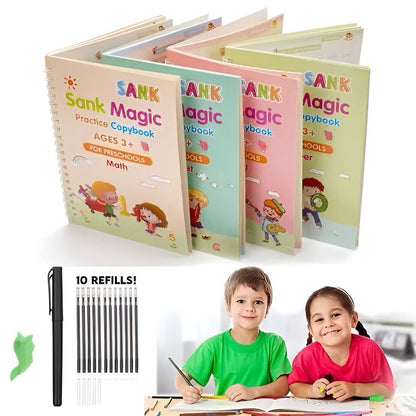 Sank Magic Practice Copybook Set for Kids | 4 Books + 10 Refill Magic Pen | Ages 3+
