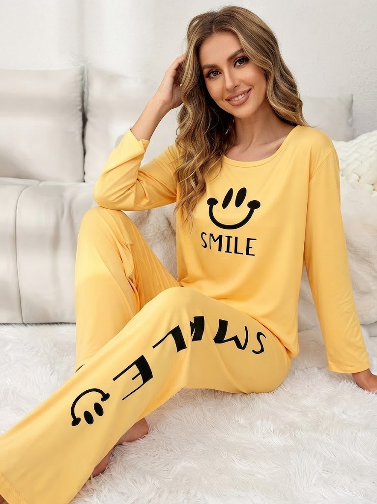 Smile Printed Lounge Co-ord Set | Yellow | Women's Pyjama Set