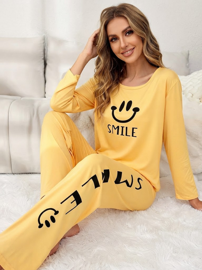 Smile Printed Lounge Co-ord Set | Yellow | Women's Pyjama Set