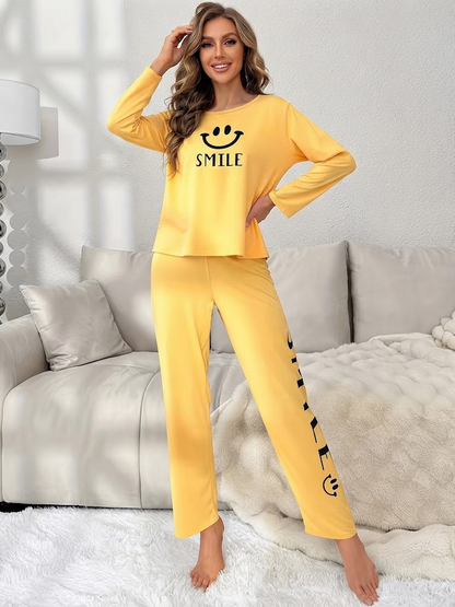 Smile Printed Lounge Co-ord Set | Yellow | Women's Pyjama Set