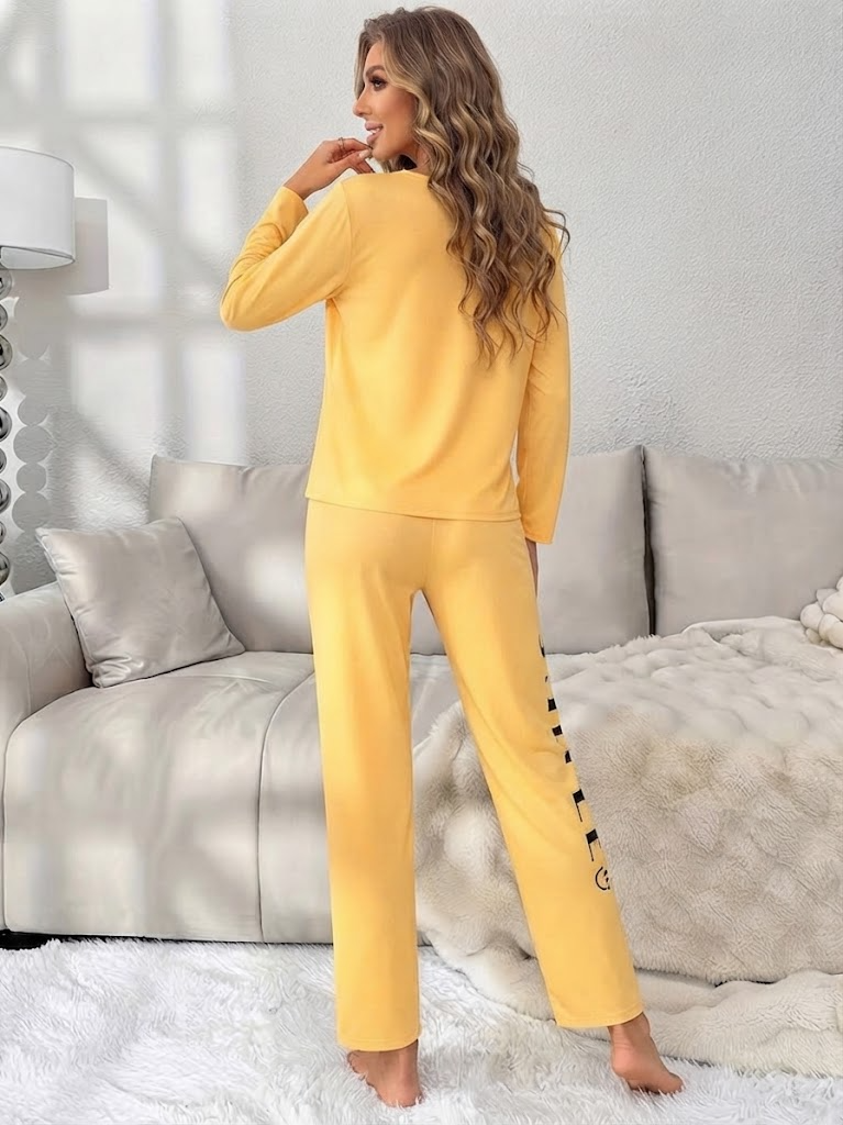 Smile Printed Lounge Co-ord Set | Yellow | Women's Pyjama Set
