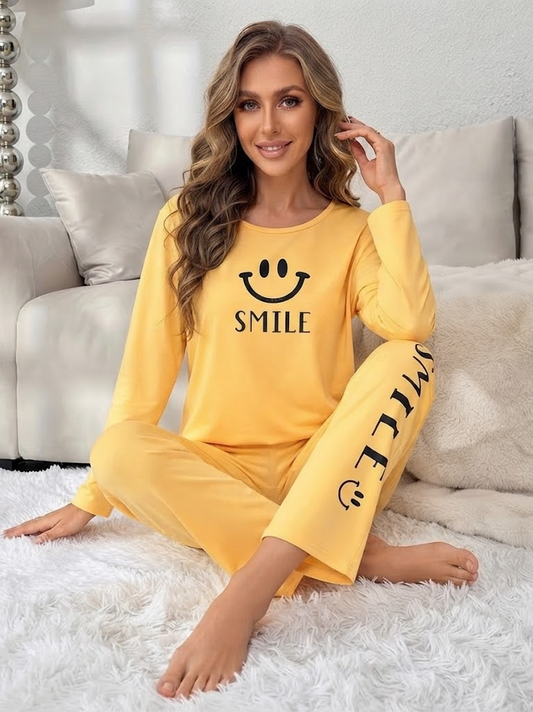 Smile Printed Lounge Co-ord Set | Yellow | Women's Pyjama Set