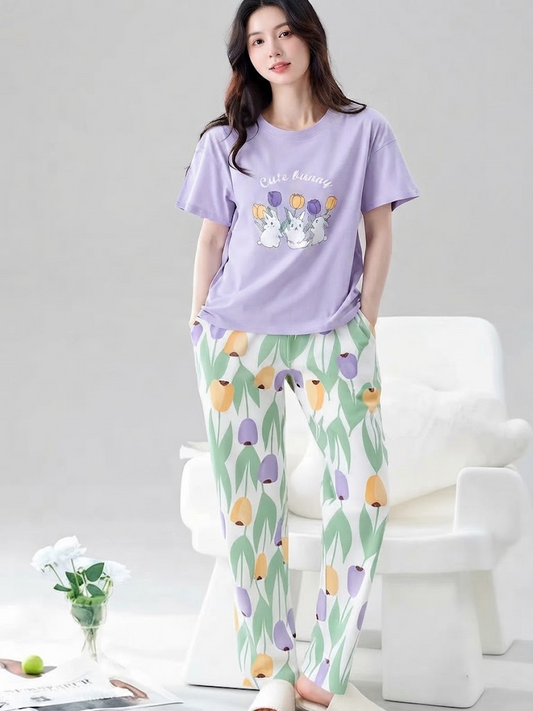 Cute Bunny Tulip Pyjama Co-ord Set | Lavender | Women's Lounge Set