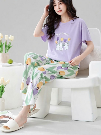 Cute Bunny Tulip Pyjama Co-ord Set | Lavender | Women's Lounge Set
