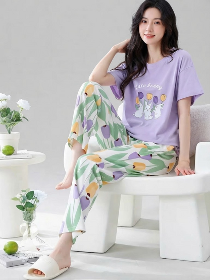 Cute Bunny Tulip Pyjama Co-ord Set | Lavender | Women's Lounge Set
