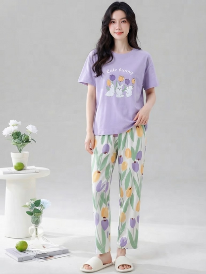 Cute Bunny Tulip Pyjama Co-ord Set | Lavender | Women's Lounge Set
