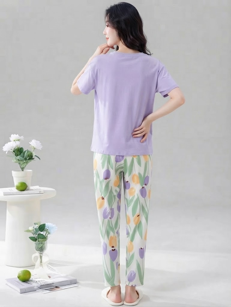 Cute Bunny Tulip Pyjama Co-ord Set | Lavender | Women's Lounge Set