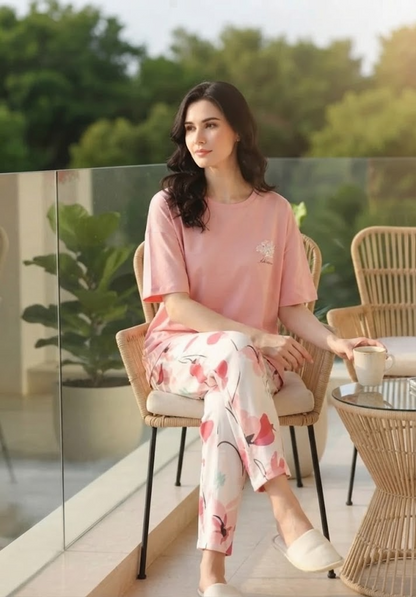 Soft Bloom Lounge Set | Cotton-Modal Co-ord | Pink