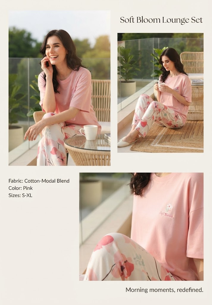 Soft Bloom Lounge Set | Cotton-Modal Co-ord | Pink