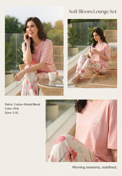 Soft Bloom Lounge Set | Cotton-Modal Co-ord | Pink