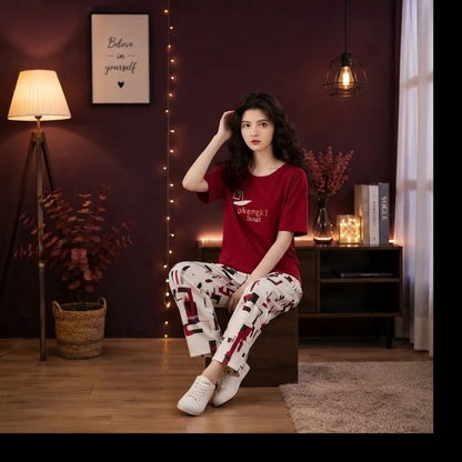 Red Graphic Printed Lounge Wear Co-Ord Set