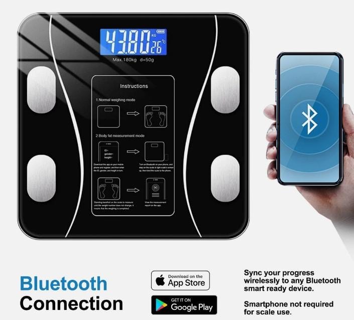 Smart BMI Body Fat Analyzer Scale – Bluetooth Electronic Weighing Scale (Glossy Black)