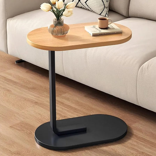 C-Shape Sofa Side Table | Oval Wood Top & Metal Base | Laptop & Coffee Table