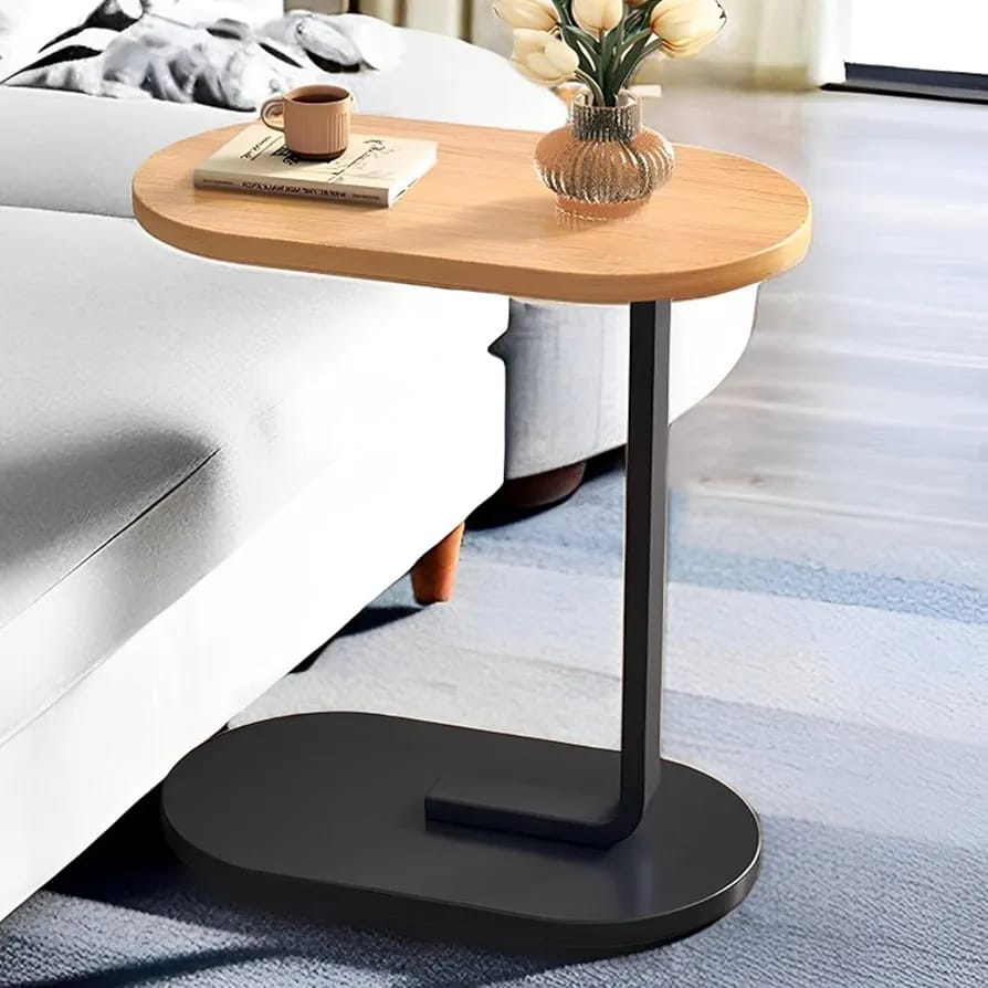 C-Shape Sofa Side Table | Oval Wood Top & Metal Base | Laptop & Coffee Table